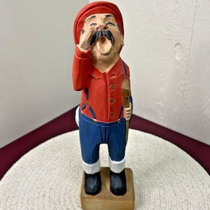 Hand Carved Wooden Firefighter Fireman With Axe 12 Figurine Statue Red Blue