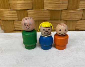 Vintage Fisher Price Little People Wood Face Set of 3 Man Girl Boy