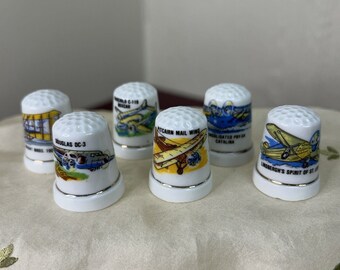 Lot Of 6 Porcelain Thimbles Vintage Aircraft Collection Aeronautics