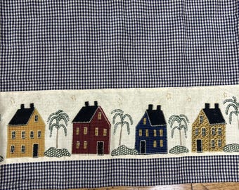 Country Primitive Window Valance Panel Salt Box Houses On Gingham 70