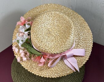 Girls Fancy Straw Sun Hat With Pink Ribbon And Faux Lilies