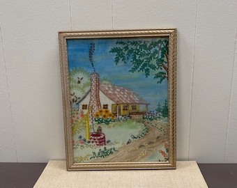 Vintage Hand Made Country Cabin Scene Cross Stitch Framed Wallhanging 11”x14”