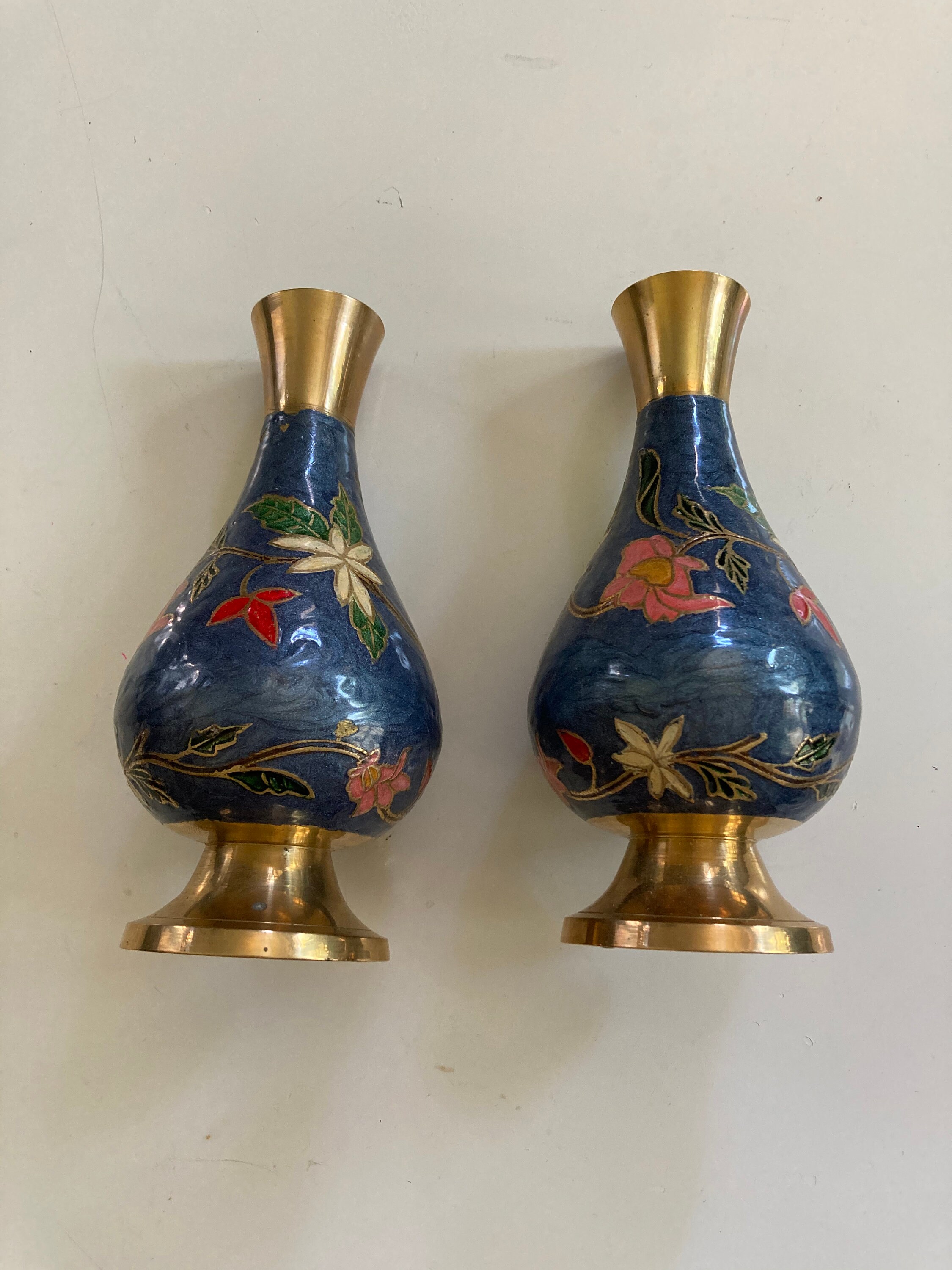 Vintage Painted Enamel Brass Vases 2 Etsy
