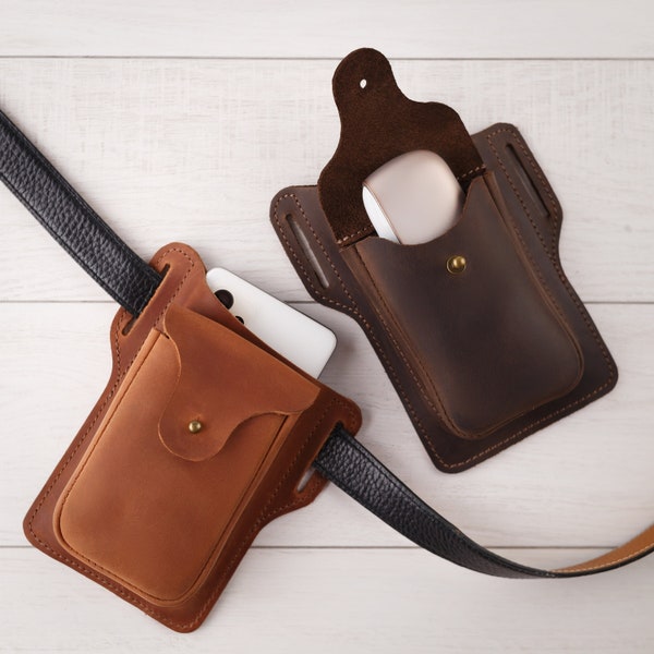 Leather Phone Holster, EDC Leather Phone Belt Case Men & Belt Loops, Small Leather Men Hip Pouch, Phone Belt Holder Men Gift