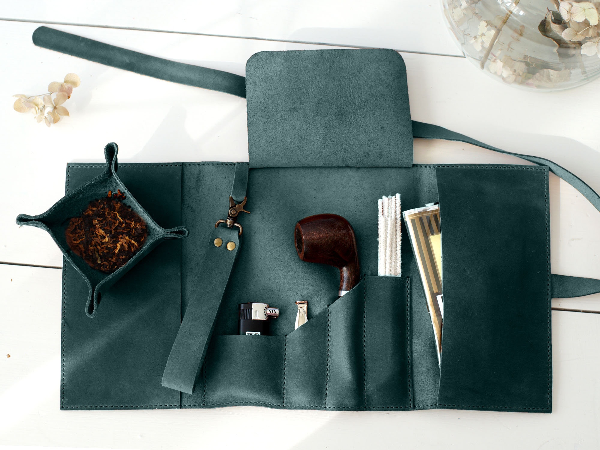 pipe tobacco roll Whitluck's with Waxed Canvas Pipe Roll, Handmade Wood Smoking Pipe with Ultimate Beginner Guide E-Book, Travel Tobacco Pouch Two Colors  Two Moods Light Brown (Cognac)  warm and soft Leather Pipe Roll  Minimalist