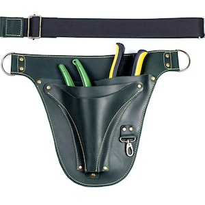 May include: A green leather tool belt with a black strap and two green pruning shears. The belt has a gold buckle and a small pocket with a metal hook.