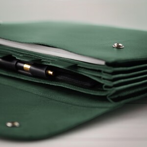 Leather File Folder, Accordion File Organizer, Leather Holder A4 for documents, Vertical Expanding Folder, School Folder Matte Green