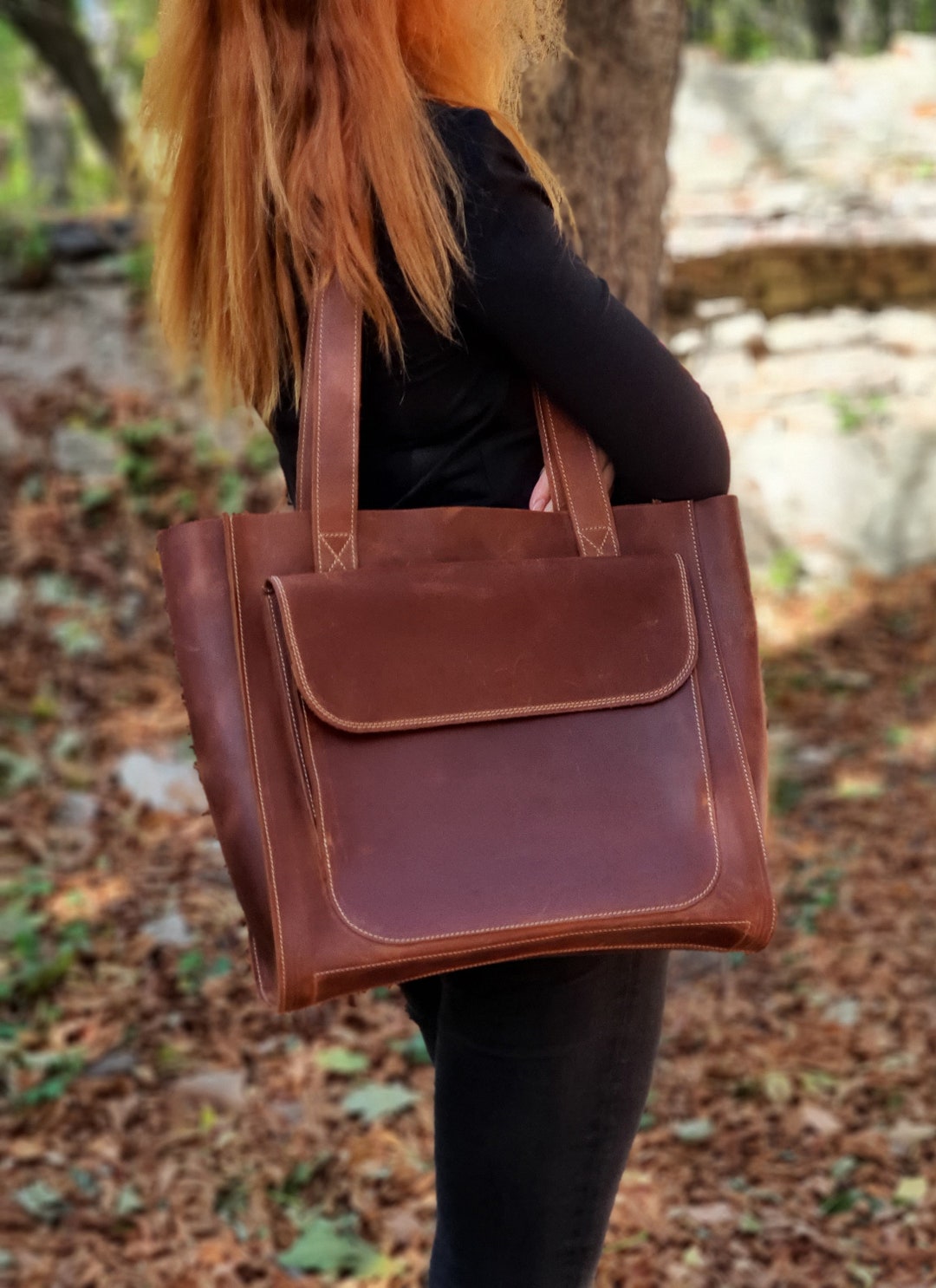 Full Grain Leather Tote Bag, Large Tote Bag With Outside Pocket
