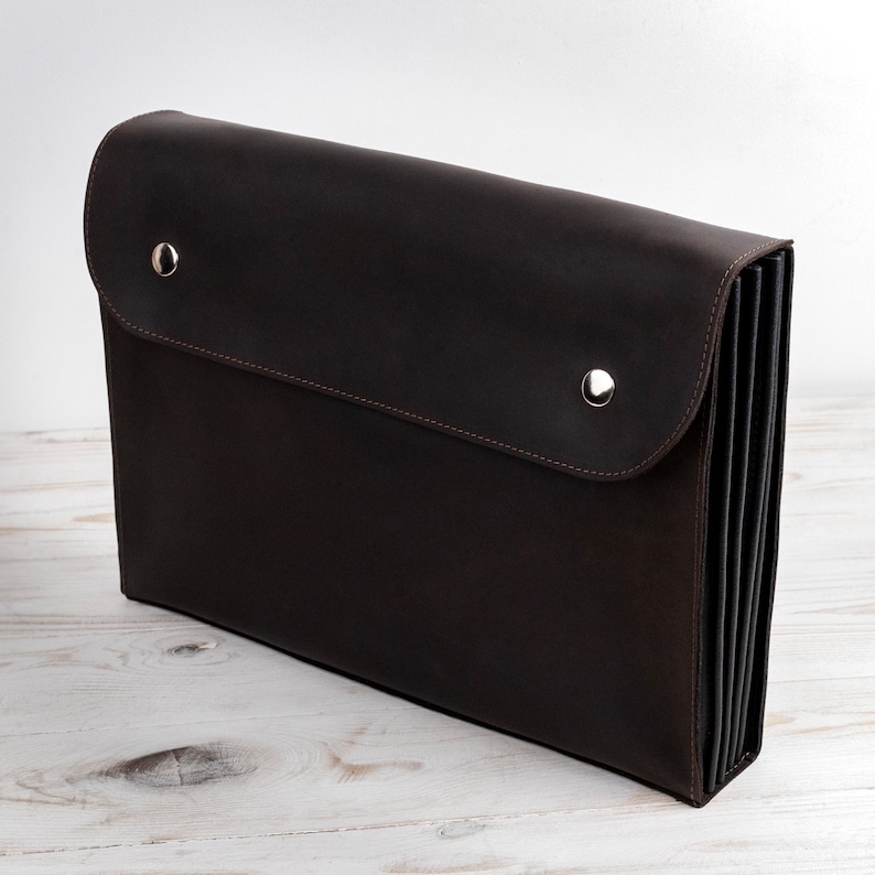 Matte Dark Brown leather accordian file folder