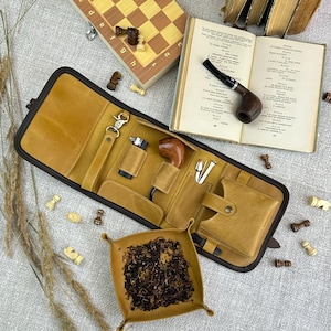 Leather Pipe Roll, 2 Pipes Leather Case, Tobacco Pouch Set, Brown Leather Pipe Bag, Pipe Stand, Gift for Men