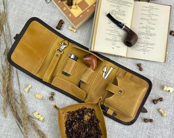 Estuche de cuero para dos pipas: juego de fundas para tabaco con bandeja y soporte