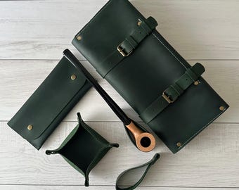 Leren pijprol kerkvoogd, tabakszakje met blad en houders, gepersonaliseerd cadeau