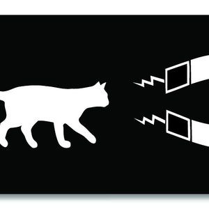May include: A black and white image of a cat running away from a magnet. The magnet is white with a black outline and has a magnetic field represented by two white zig-zag lines.
