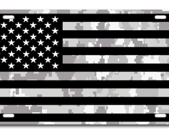 American Flag Digi Camo- Aluminum Black and White Distressed Vanity License Plate