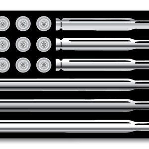 May include: A black and white image of an American flag made of bullets. The flag has 13 rows of bullets, representing the 13 original colonies. The bullets are arranged in a grid pattern, with each row containing 13 bullets.