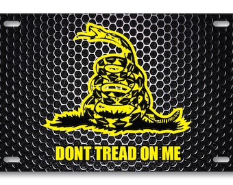 Don't Tread on Me, 13 Colonies, Liberty or Death, America, 2nd Amendment Aluminum Yellow on Black Metal Distressed Vanity Tag License Plate