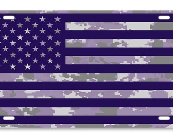 American Flag Urban Murder Purple Digi Camo- Aluminum Purple Black and White Distressed Vanity License Plate