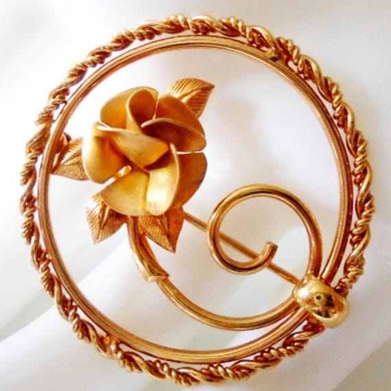INC 12K Gold Filled Rose Bud Brooch, 60s Dimensional Rose Flower Gold Pin, Sculpted Gold Rose Bud Brooch