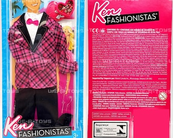 Ken Doll Fashionista Pink Plaid Coat and Bow Tie Clothes New in Box, Ken Pink Coat and Tie Outfit, NRFB Ken Doll Clothes