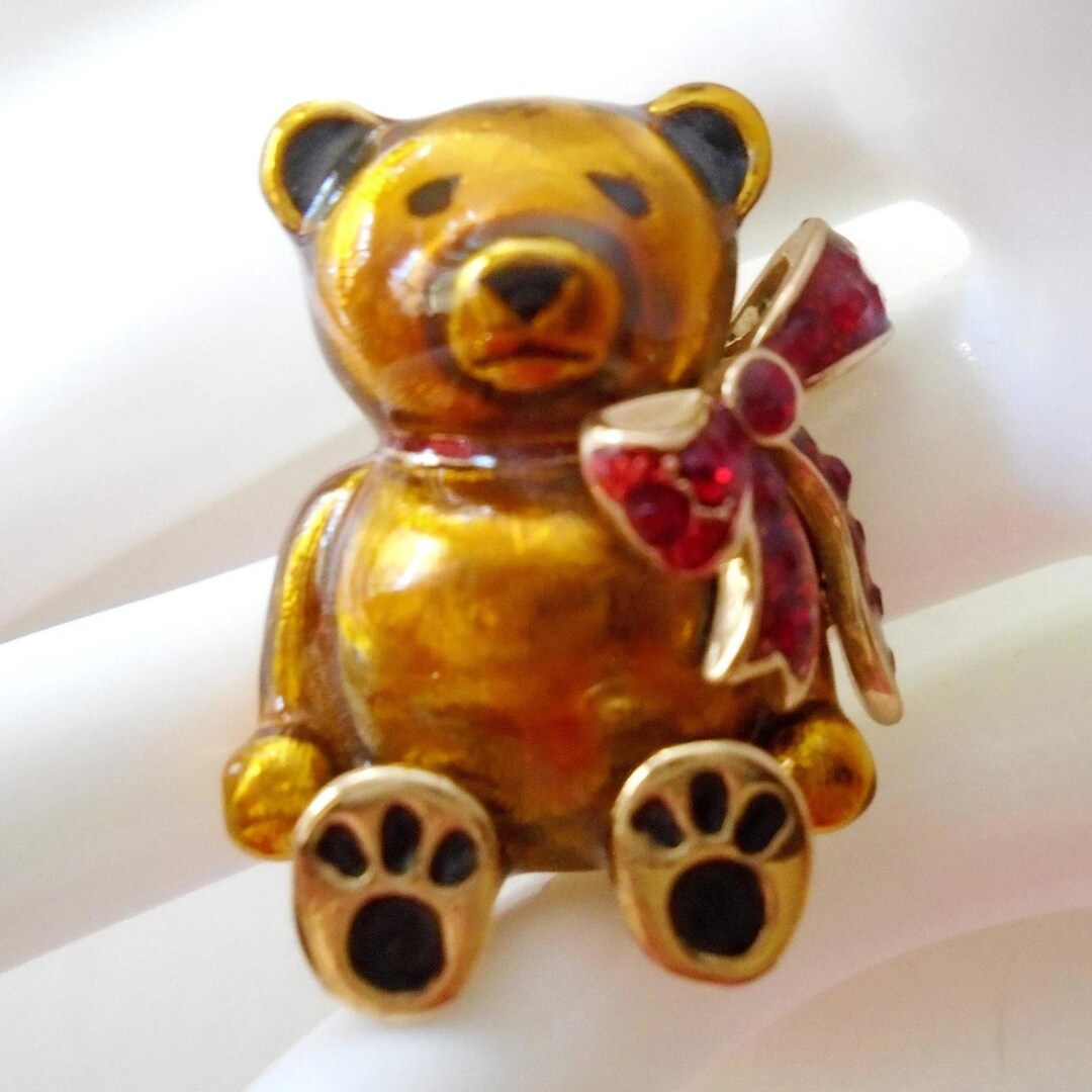 Vintage Monet Teddy Bear Pin: Gold Rhinestone Bow Jewelry - Etsy