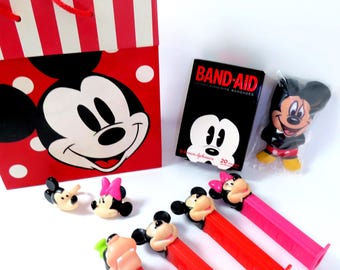 Mickey Mouse Collectibles Lot, Disney Gift Bundle, Plush Doll, PEZ Dispensers, Minnie Rings, Goofy PEZ, Bandaids, Rare Disney Memorabilia