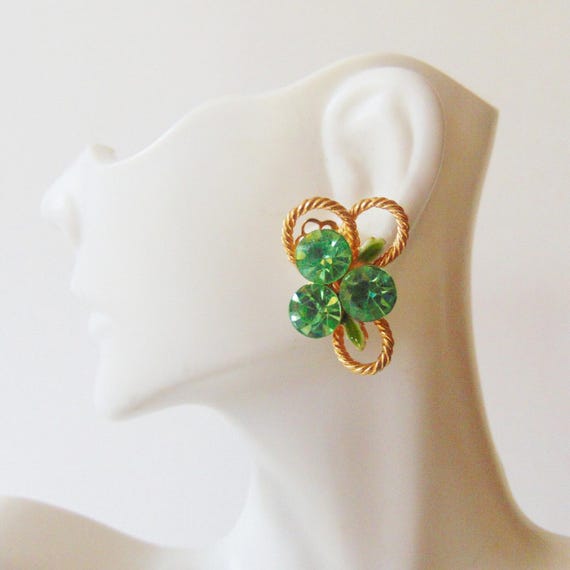 Green Rhinestone Flower Clip Earrings, Green Rhinestone Gold Earrings, Vintage Green Clip Earrings