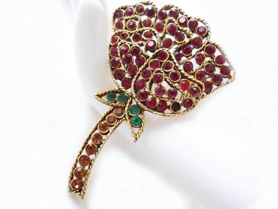 WEISS Red Rose Rhinestone Brooch, Rhinestone Rose Flower Pin, Weiss Rhinestone Brooch, Red Rose Brooch, Large Vintage Flower Brooch