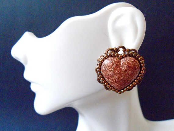 Copper Glitter Heart Earrings, Copper Glitter Heart Clip Earrings, Vintage Sunstone Glitter Heart Clip Earrings