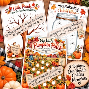 May include: Three printed art sheets featuring autumn themes. One shows a tree, one a mason jar with fireflies, and one a pumpkin patch with a scarecrow. Each sheet includes text like Little Prints, You Make My World Glow, and My Little Pumpkin Patch.