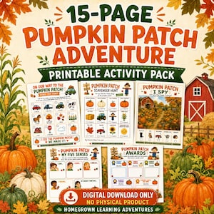 May include: A 15-page printable pumpkin patch adventure activity pack featuring five game sheets including a road trip hunt, scavenger hunt, I spy, five senses, and awards. The pages are decorated with autumn leaves, corn stalks, and pumpkins.