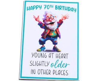 Puede incluir: Una tarjeta de cumpleaños con una ilustración de dibujos animados de un hombre con barba blanca y gafas. La tarjeta dice "Feliz cumpleaños número 70" y "Joven de corazón, ligeramente mayor en otros lugares".