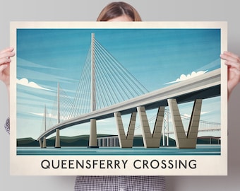 Queensferry Crossing Druck, Vintage Reiseplakat, Firth of Forth, Housewarming Geschenk, moderne Wandkunst, Edinburgh, Fife