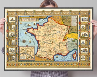 Carte de France, Décoration intérieure, cadeau de pendaison de crémaillère, carte ancienne, grande affiche