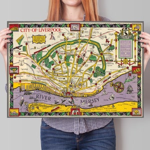 Karte von Manchester | Merseyside alte Karte| Vintage bildliche Karte von Manchester | Fluss Mersey| Antike Karte des Vereinigten Königreichs | Lancashire | England