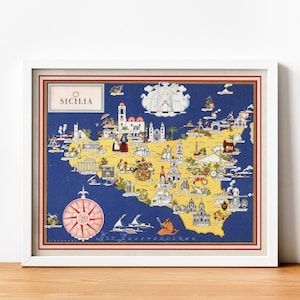 Vintage Karte von Sizilien, Sicilia bildliche Illustration, Vintage Kartendruck, alte Karte, Karte von Sizilien, Italien Liebhabergeschenk, Einweihungsgeschenk