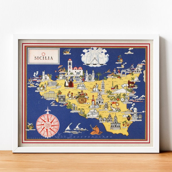 carte vintage de la Sicile, illustration picturale de la Sicile, impression de carte vintage, carte ancienne, carte de la Sicile, cadeau pour amoureux de l'Italie, cadeau de pendaison de crémaillère