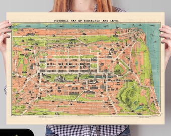 Edinburgh and Leith Vintage Map, Pictorial Map of Scotland&#39;s Capital - Wall Art, Scottish Gifts, Old Edinburgh