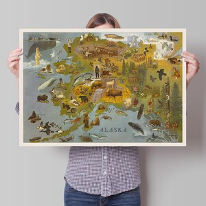 Carte picturale de l’Alaska, art mural vintage de l’Alaska