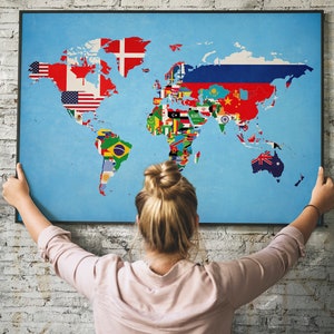 Weltkarte der Flaggen - Länderkarte Poster - Lernmittel - Kinder - Geschenk für Ihn - Geschenk für Ihn