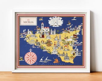 Może przedstawiać: Antyczna, ilustrowana mapa Sycylii, Włochy, z niebieskim tłem i żółtą masą lądową. Mapa jest wypełniona małymi ilustracjami zabytków, ludzi i zwierząt. Tytuł "Sicilia" jest w czerwonych literach na górze mapy.