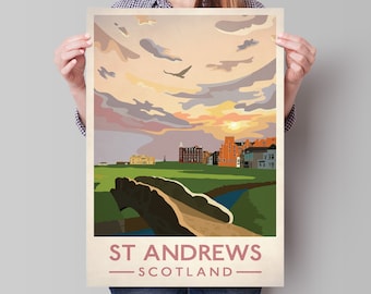St Andrews Golf Club Poster, St Andrews - Old Course Golf Club 18th Hole, Travel Poster, Scottish Print , Golf Gift Art , Scotland