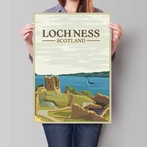 May include: A vintage travel poster featuring a scenic view of Loch Ness in Scotland. The poster depicts a castle on a hill overlooking the lake, with a mythical Nessie monster swimming in the water. The text "Loch Ness - Scotland" is printed in brown at the top of the poster.