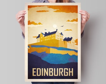 May include: A vintage travel poster featuring a stylized illustration of Edinburgh Castle in Scotland. The poster has a yellow, orange, and blue color scheme and the text "EDINBURGH" in a bold, yellow font.