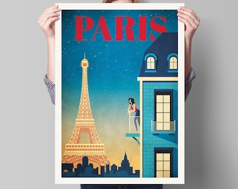 Paris Print, Eiffel Tower France Travel Poster, Vintage looking Paris illustration, Paris at Night, Paris Art, Parisian Gifts, French Gift