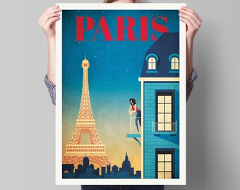 Paris Print, Eiffel Tower France Travel Poster, Vintage looking Paris illustration, Paris at Night, Paris Art, Parisian Gifts, French Gift