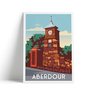 May include: A colourful illustration of a stone clock tower with a red telephone box in front of it. The tower has a clock face and a pointed roof. The telephone box is red with a white door and a sign that says "Telephone". The background is a blue sky with clouds. The text "ABERDEOUR" is at the bottom of the image.