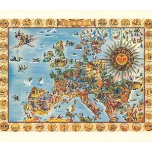 Old Europe Map | Vintage Europa KLM Map | Vintage Poster | Pictorial European Map| Vintage Poster| Wall Art Print| Europe Map Print