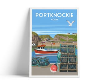Portknockie Travel Poster | Moray Firth Harbour Art Print | Scottish Coastal Village Wall Art