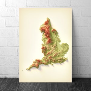 England Art Relief Map - 2D  Print - English Geology  - 2D Shaded Relief Map