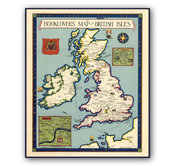 Booklovers' Map of the British Isles | Vintage Antique | 1927